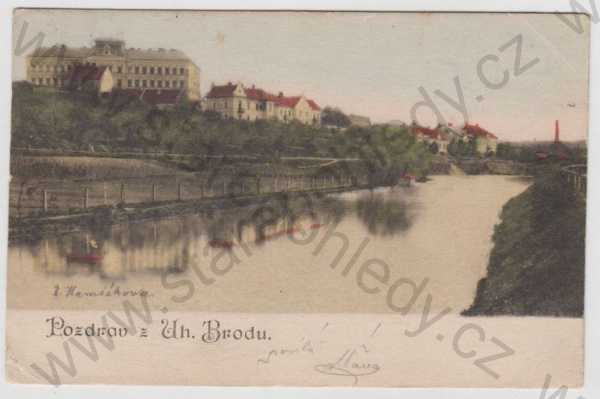 - Uherský Brod (Uherské Hradiště), řeka, částečný záběr města, kolorovaná, DA