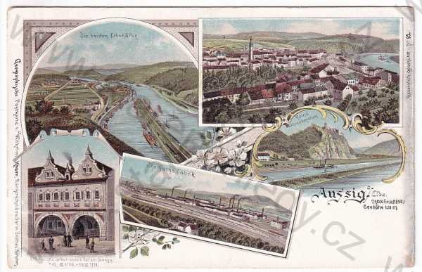  - Ústí nad Labem - přístav, celkový pohled, Střekov, chemická továrna, rodný dům Rafael Meng, litografie, DA, koláž, kolorovaná