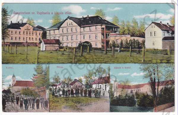  - Moravec - sanatorium, kostel, náves, zámek a kostel, kolorovaná