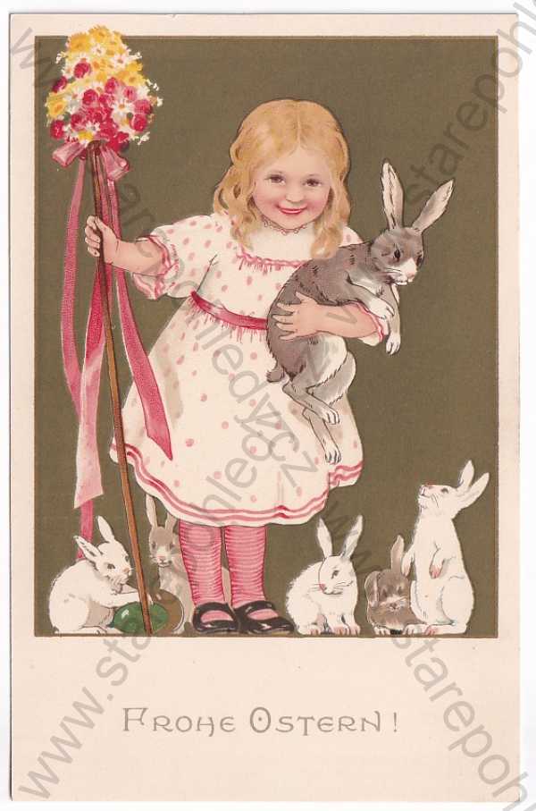  - Velikonoce - dítě, zajíc, kolorovaná, litografie