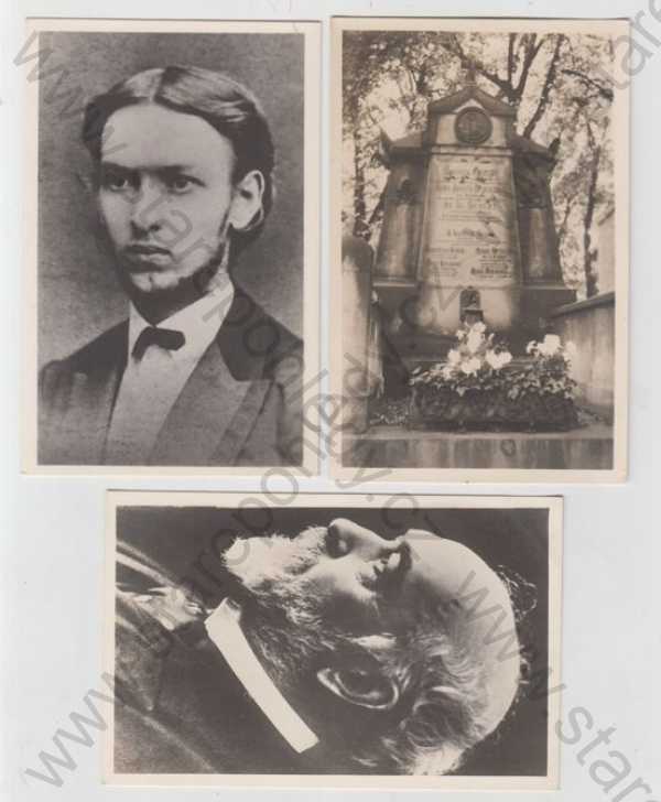  - 3x Adolf Šuber, Národní divadlo, dramatik, ředitel, portrét, hrobka, hřbitov, Grafo Čuda Holice