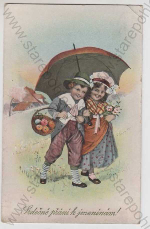  - Přání k jmeninám, dítě, deštník, koš, jablko, kolorovaná