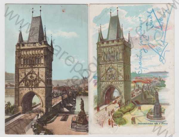  - 2x Praha 1, Mostecká věž, Karlův most, kolorovaná, DA