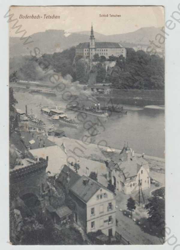  - Děčín (Bodenbach - Tetschen), zámek, řeka, parník, loď, částečný záběr města