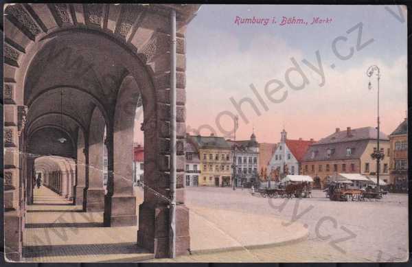  - Rumburk (Rumburg), Děčín, barevná, náměstí, stánky, kůň, podloubí
