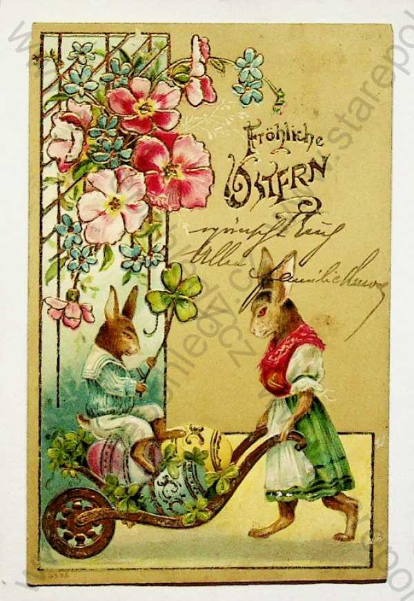  - Velikonoce - zajíci, vajíčka, květiny, kolorovaná, zlacená, plastická karta, DA