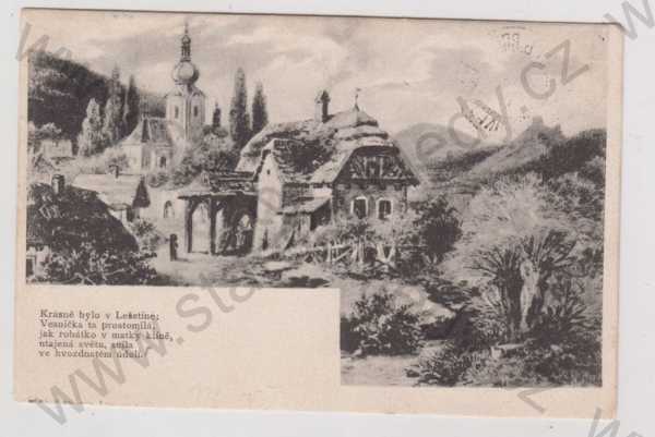  - Lešetín (Zlín), kostel, částečný záběr města, text, verš, báseň, DA