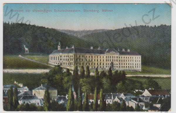  - Moravský Šternberk (Mähr. Sternberg) - Olomouc, Kongregace školských sester, částečný záběr města, kolorovaná