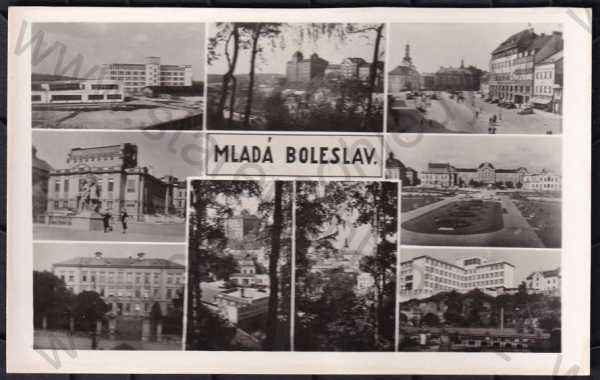  - Mladá Boleslav, více záběrů, zámek, náměstí, automobil, kostel, částečný záběr města