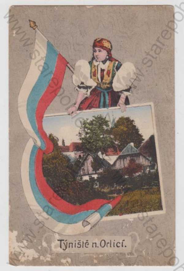  - Týniště nad Orlicí (Rychnov nad Kněžnou), částečný záběr města, žena, kroj, vlajka, kolorovaná, koláž