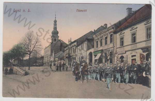  - Lysá nad Labem (Nymburk), náměstí, voják, uniforma, kůň, kolorovaná