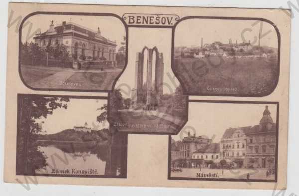  - Benešov, více záběrů, Sokolovna, Celkový pohled, klášter, zřícenina, Zámek Konopiště, náměstí