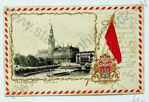  - Německo - Hamburg - radnice, koláž, kolorovaná, plastická karta, zlacená, DA, ERB
