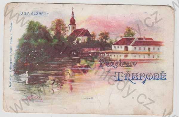  - Třeboň (Jindřichův Hradec), kostel, kachna, řeka, u sv. Alžběty, kolorovaná