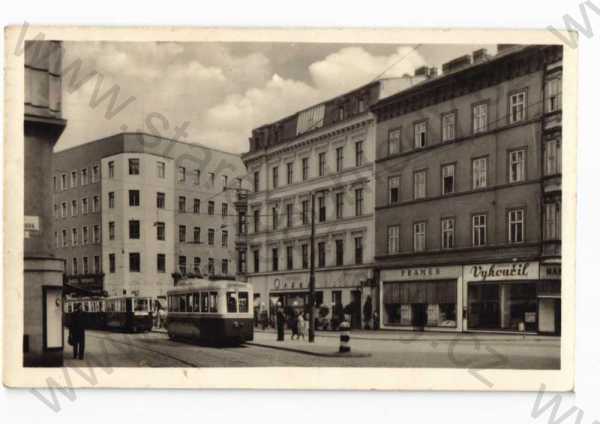  - Brno, pohled ulicí, obchody, tramvaj, ORBIS