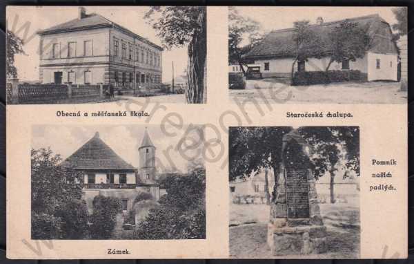  - Přerov nad Labem (Nymburk), více záběrů, obecná a měšťanská škola, staročeská chalupa, zámek, pomník padlých