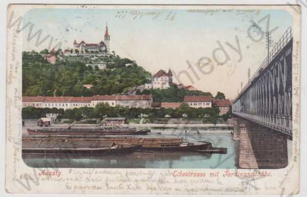  - Ústí nad Labem (Aussig), řeka, Labe, loď, Větruše, kolorovaná, DA