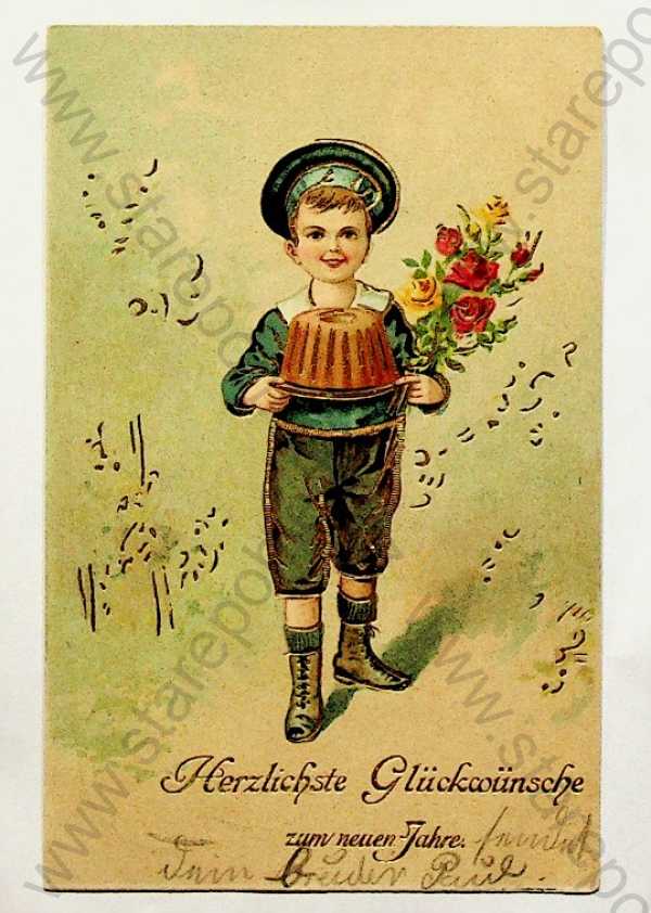  - Přání k Novému roku - chlapec s květinou a bábovkou, kolorovaná, zlacená, plastická karta
