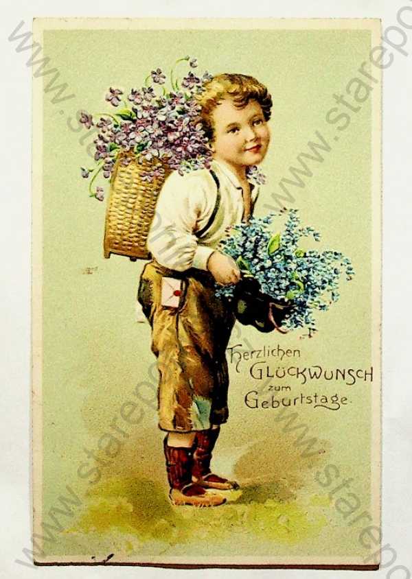  - Přání k narozeninám - chlapec s květinami, kolorovaná, plastická karta