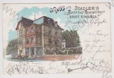  - Mnichov - nádražní restaurace Stadler, litografie, DA, kolorovaná