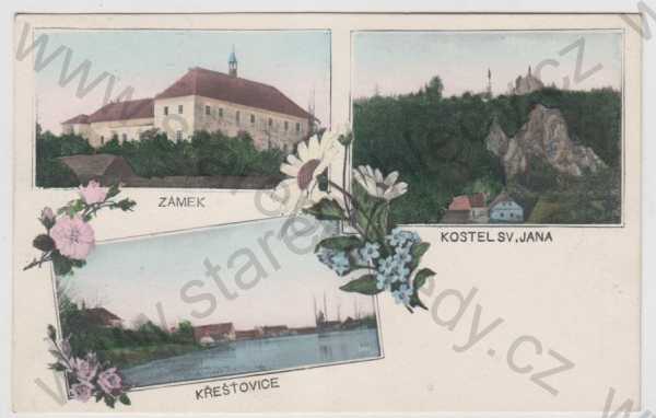  - Křešťovice (Písek), více záběrů, celkový pohled, zámek, Kostel sv. Jana, kolorovaná, koláž