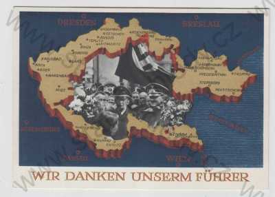  - Propaganda, Německo, Hitler, mapa, Československo, kolorovaná, zlacená