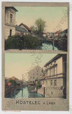  - Kostelec nad Labem (Mělník), více záběrů, řeka, částečný záběr města, kolorovaná