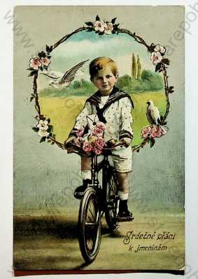  - Přání k jmeninám - chlapec, bicykl, květiny, holubice, zlacená, kolorovaná