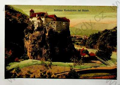  - Itálie - Bolzano, zámek Runkelstein (Castel Roncolo), celkový pohled, řeka, kolorovaná