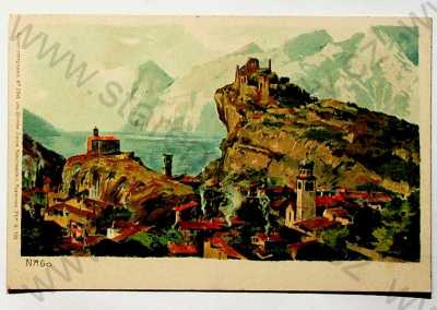  - Itálie - Nago - Torbole, pevnost, hory, jezero, kostel, kolorovaná, DA