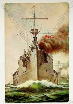  - Námořnictvo - 1. světová válka - válečná loď, kolorovaná