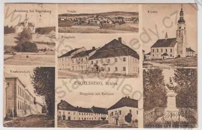  - Andělská hora (Engelsberg) - Bruntál, více záběrů, celkový pohled, náměstí, radnice, kostel, pomník, škola, Annaberg