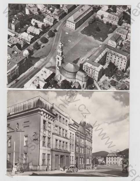  - 4x Nový Bor (Česká Lípa), hotel,, pohled ulicí, obchod, reklama, náměstí, pohled z výšky, automobil, částečný záběr města