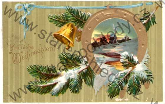  - Vánoce, Fröhliche Weihnachten, koláž, barevná, plastická karta, zlacená