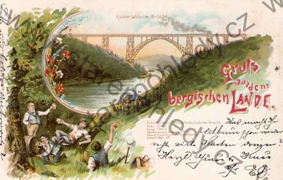  - Kaiser Wilhelm - Brücke Lande, most císaře Viléma, pivní dýchánek, litografie, barevná, DA