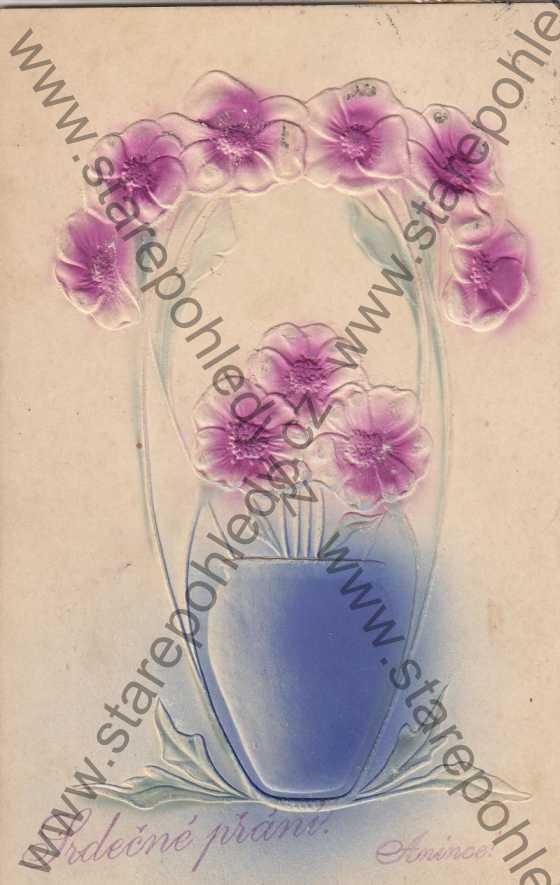  - Srdečné přání - Fialové květy ve váze, plastická karta