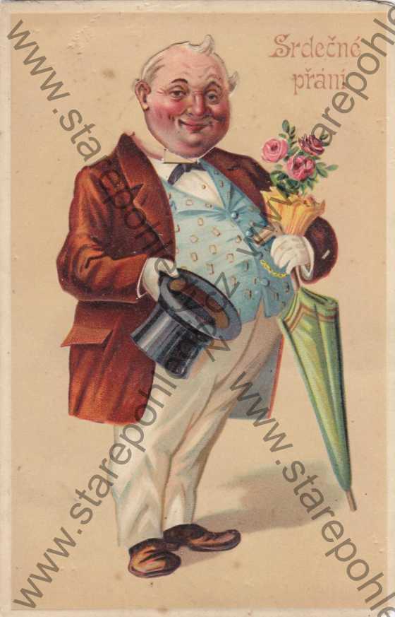  - Srdečné přání - Muž s květinami a deštníem, litografie, mechanická karta - pohybující hlava