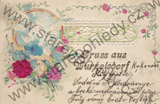  - Gruss aus Wurzelsdorf - Holubice s dopisem a květiny, DA, plastická karta