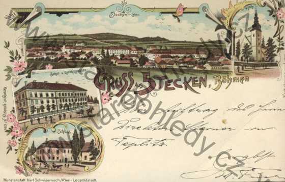  - Štoky / Gruss aus Stecken, Böhmen - Schul - u. Gerichtsgebäude, Schloss, Kirche, litografie, DA