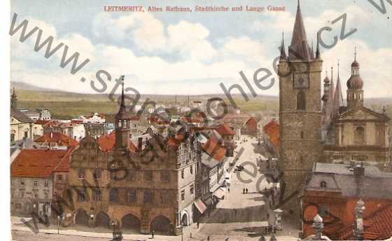  - Leitmeritz, Altes Rathaus, Stadtkirche und Lange Gasse, Litoměřice, stará radnice, kostel a Dlouhá třída, kolorovaná