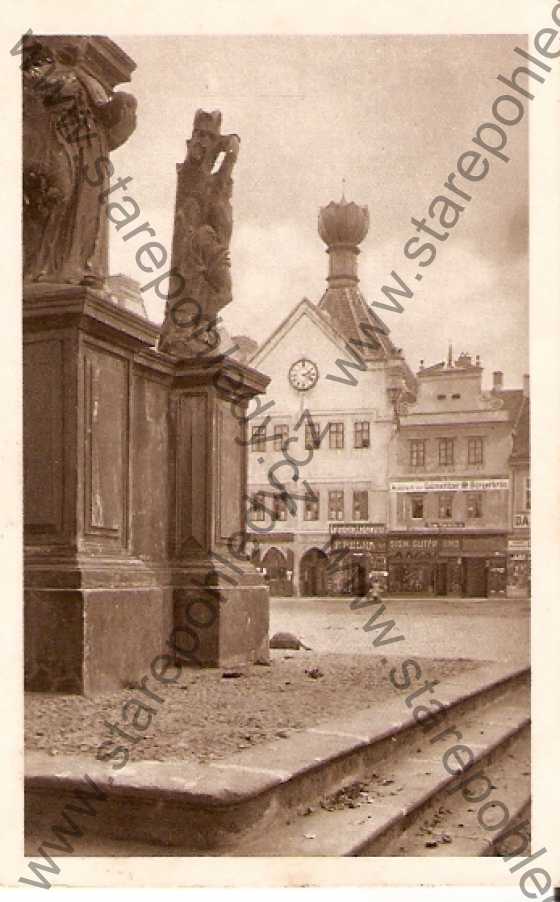  - Leitmeritz, Pestsäule mit Kelchhaus, Litoměřice, část pomníku s kališnickým domem