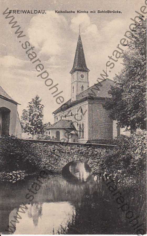  - Freiwaldau, Katholische Kirche mit Schlossbrücke, Jeseník, katolický kostel se zámeckým můstkem