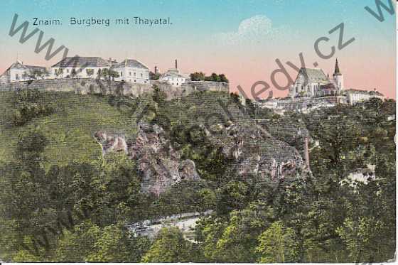  - Znaim, Burgberg mit Thayatal, Znojmo, částečný pohled s údolím Dyje, kolorovaná
