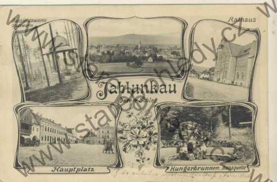  - Jablunkov, Radnice, Hlavní náměstí - Jablunkau, Aussichtswarte, Rathaus, Hauptplatz, Hungerbunnrn. Annaquelle, koláž