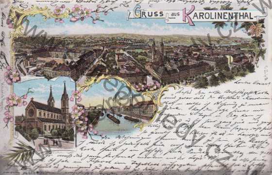  - Praha, Karlín, více záběrů, celkový pohled, kostel sv. Cyrila a Metoděje, přístav, Karolinenthal, St. Cyril u. Method - Kirche, litografie, koláž, barevná, DA