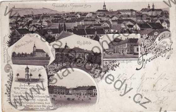  - Bruntál / Freudenthal - V. Troppauer Berg, Rotherberg - Kirche, Klippel - Säule, Platz - Ansicht, Ehz. Schloss, Hirsch - Saal, litografie, DA