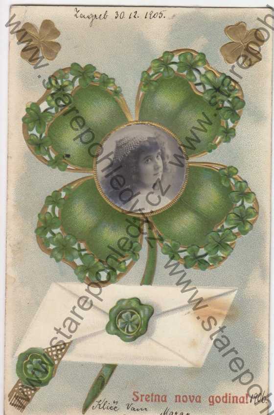  - Sretna nova godina! (čtyřlístek ve prostřed portrét dívky), litografie, DA, koláž, plastická karta