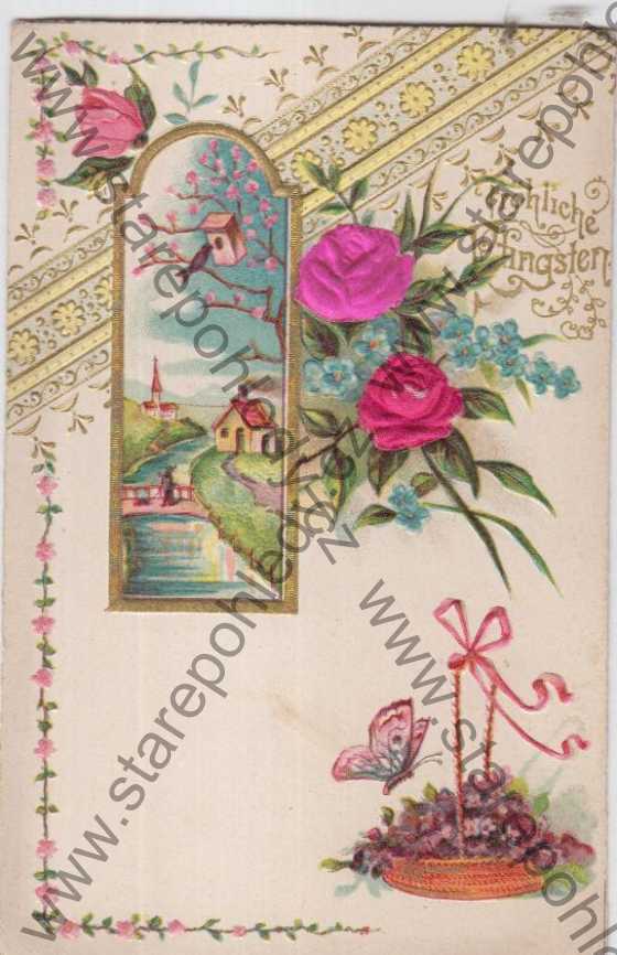  - Přání - Fröhliche Pfingsten (růže, v pozadí dům, kostel a řeka), plastická karta, litografie, DA, koláž
