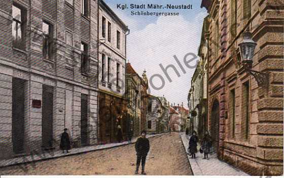  - Mähr.Neustadt, Schönbergergasse, Uničov, Schönbergova ulice , kolorovaná