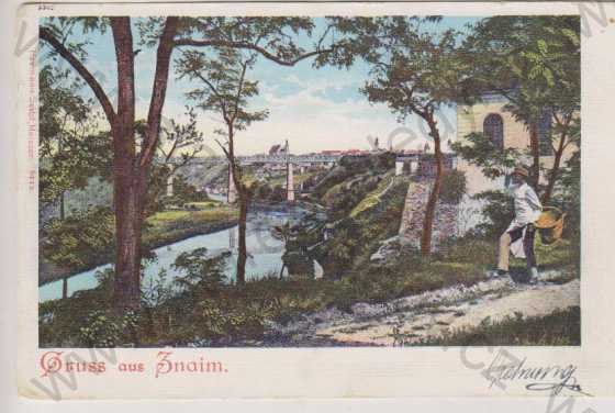  - Znojmo (Znaim), pohled od řeky, v pozadí most a město, v popředí postava s košíkem, barevná, DA